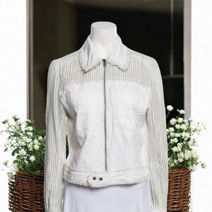 Jakett Hayden White Perforated Leather& Twill Rocker Chic‎ Bomber Jacket Size S